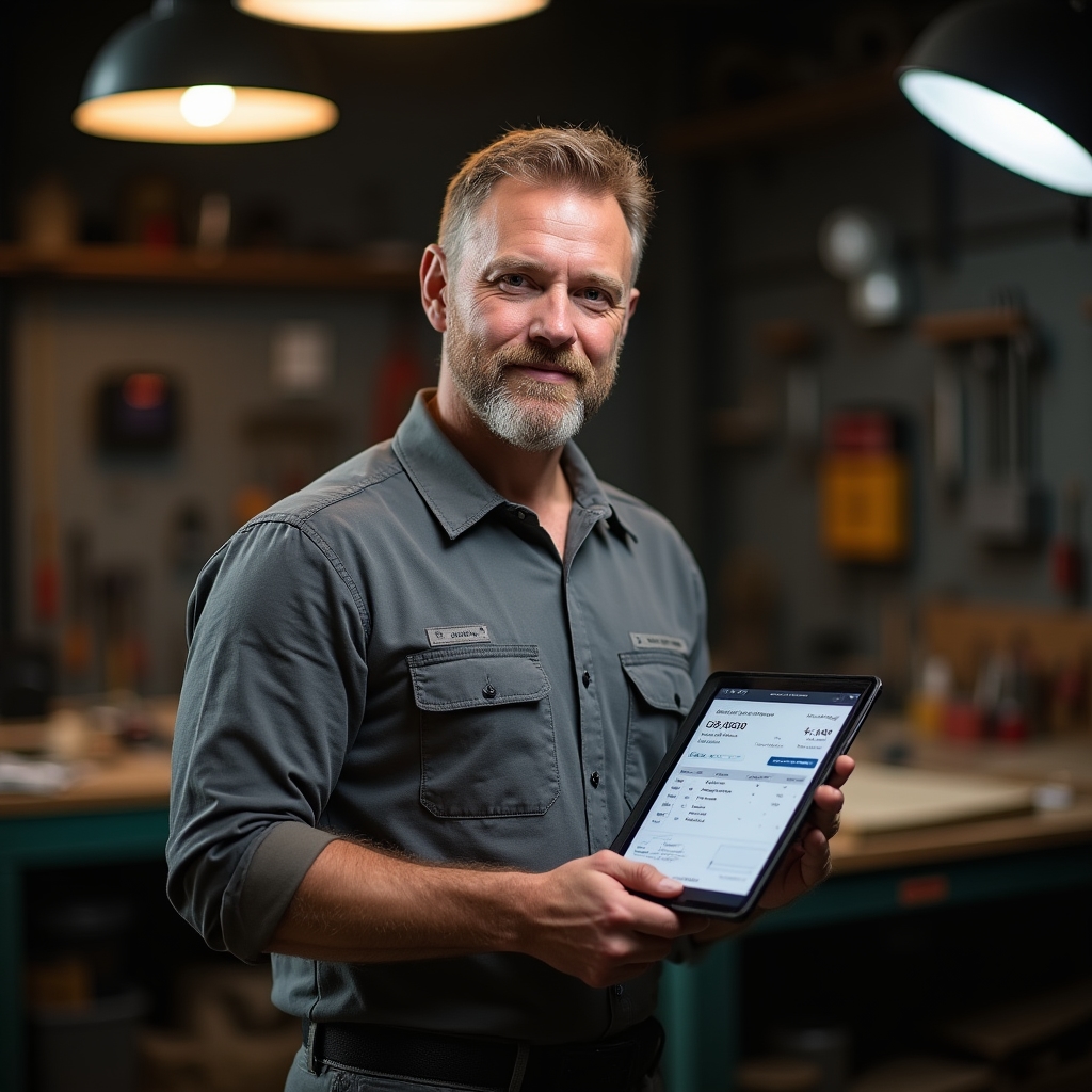 Handwerker nutzt Tablet mit Open-Source-Software für Auftragsplanung